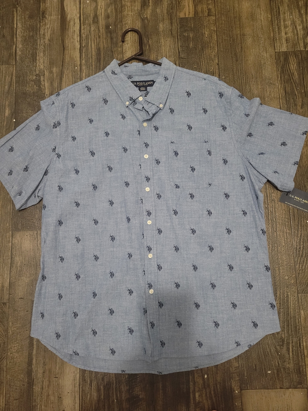 U.S. Polo Assn. Light Blue Short Sleeve Button-Down with Navy Polo Motif